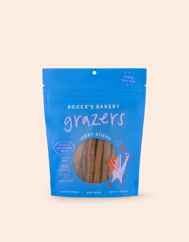 - Natural latex pet mattressBocce's Bakery Grazers Turkey & Sweet Potato Jerky Sticks