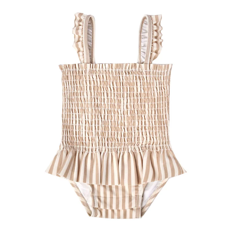 - Car dog seat beltQuincy Mae Latte Stripe Smocked One-Piece Swimsuit